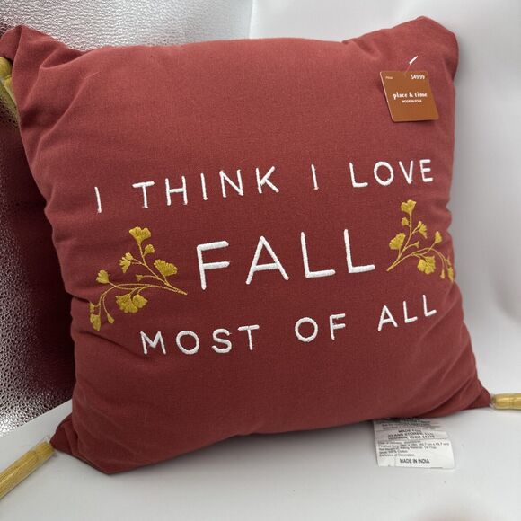 NWT FALL THROW PILLOW 18x18 In Burnt Orange Gold Tassels “I Think I Love Fall” - Picture 8 of 8